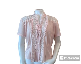 Vintage 1950s blouse Du Pont nylon ruffles lace trim short sleeve  size large