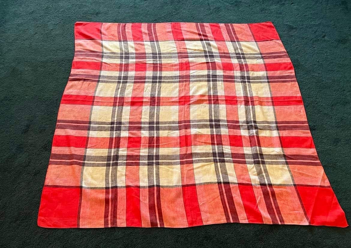 Vintage linen tablecloth square red plaid country Christmas barbecue country kitchen vintage BBQ country wedding