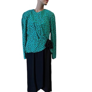 Iconic 80s dress green and black polka dot peplum long sleeve 1980s womenswear 1980s fashion size small