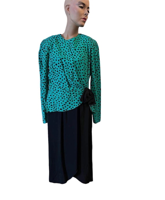 Iconic 80s dress green and black polka dot peplum… - image 1