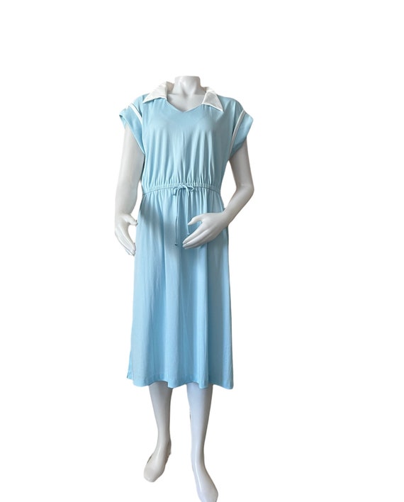 1970s vintage polyester dress 2 tone light blue w… - image 1