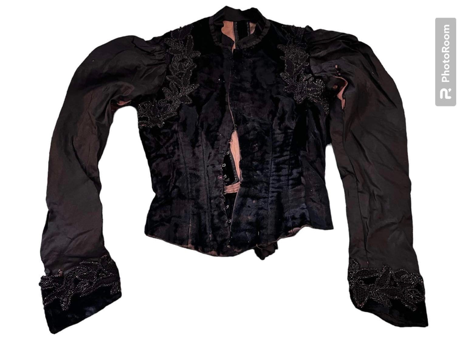 Antique Victorian Mourning Jacket Child Size Black Velvet Beaded