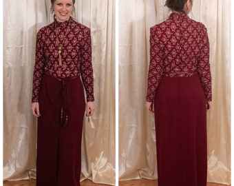 1960s maxi dress Pat Richards maroon red lace long sleeve button skirt high collar cocktail party