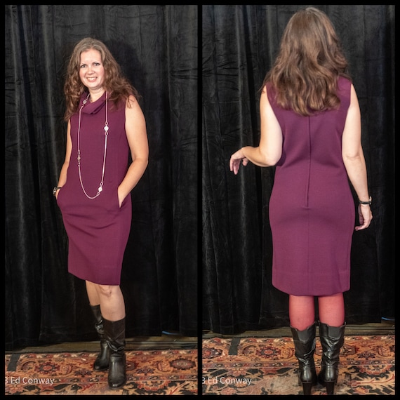 1960s mini dress purple sleeveless cowl neck pock… - image 1