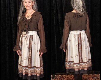 Vintage 1970s prairie skirt corset waist border print Allen Bernard Ltd 1970s boho fashion floral print tie waist 1970s womenswear