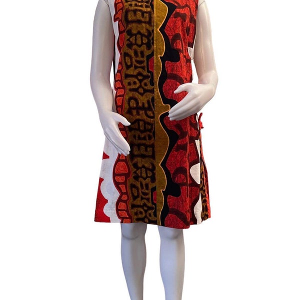 Vintage Hawaiian dress by Kai Nani orange tiki print zipper front sleeveless barkcloth 1960s 1970s tiki party dress luau