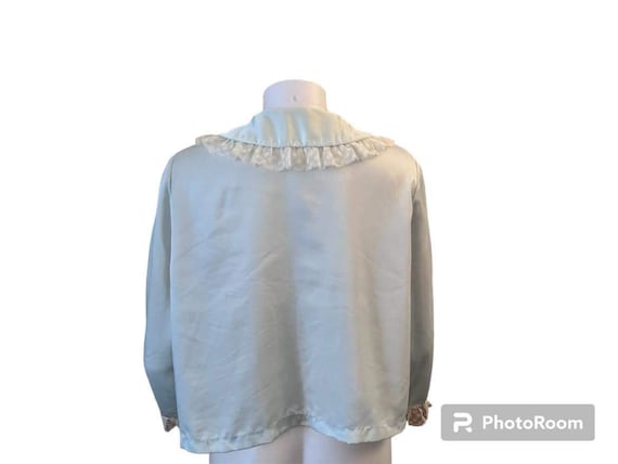 Vintage bed jacket 1950s light blue with lace tri… - image 3