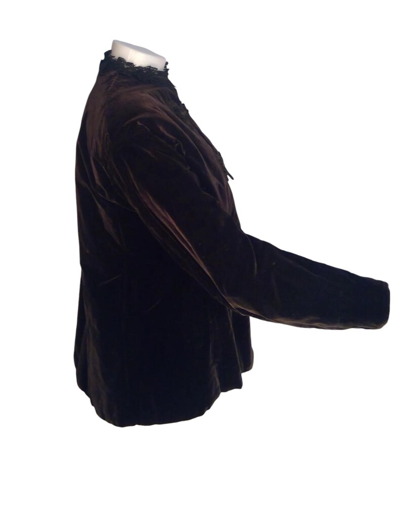 May include: A brown velvet jacket with a black lace collar. The jacket has long sleeves and a fitted silhouette.