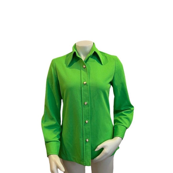 Vintage 1970s neon green women’s shirt/jacket button front long sleeves button cuffs 1970s mod fashion spring summer fashion
