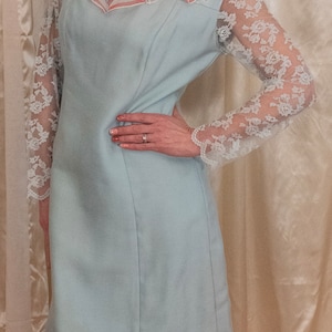 Vintage 1960s light blue linen dress with floral lace bodice and sleeves sheath  dress vintage bridesmaids garden party dress