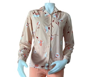 Vintage blouse eccobay peach floral print long sleeve polyester shirt button front mod floral print vintage blouse
