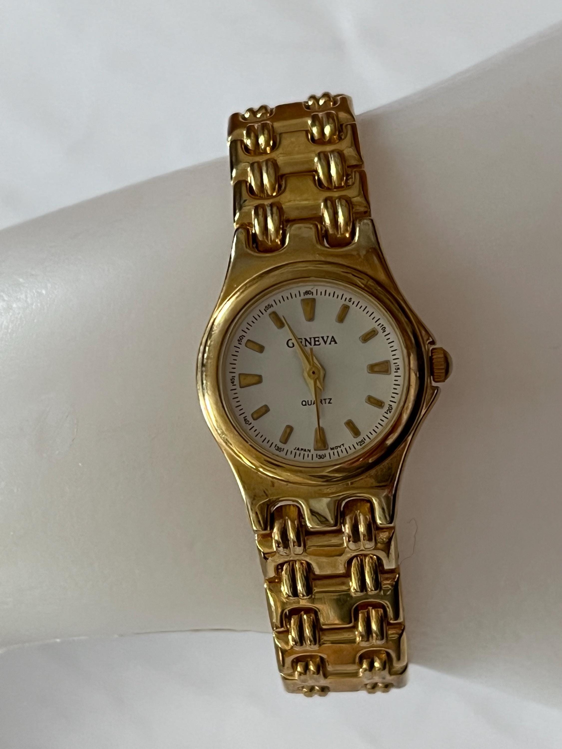 Vintage women's wrist watch GENEVA quartz gold round face bracelet style band working condition new battery