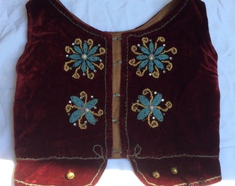 Polish traditional dance costume vintage children’s vest red velvet hand embroidered bells beading metallic trim flowers theater costume