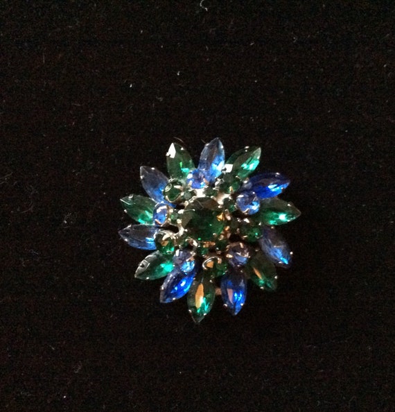 Vintage brooch marquis blue glass marquis green g… - image 3