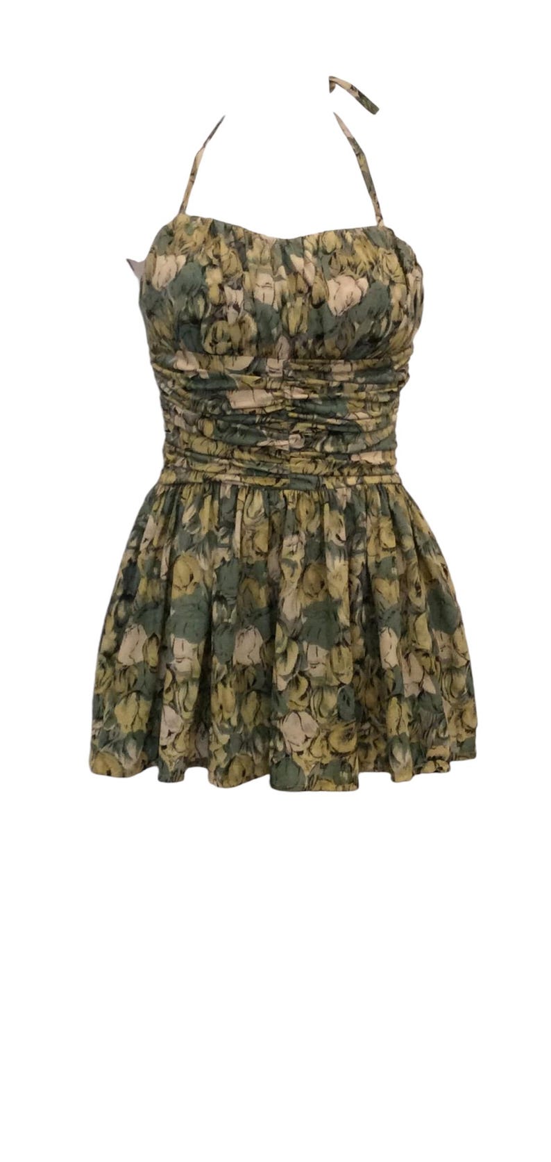 May include: A green and yellow floral print halter dress with a fitted bodice and a flowing skirt.