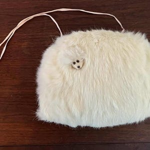 Vintage Childs muff white rabbit fur with animal head 1950s little girls fur muffin Christmas
