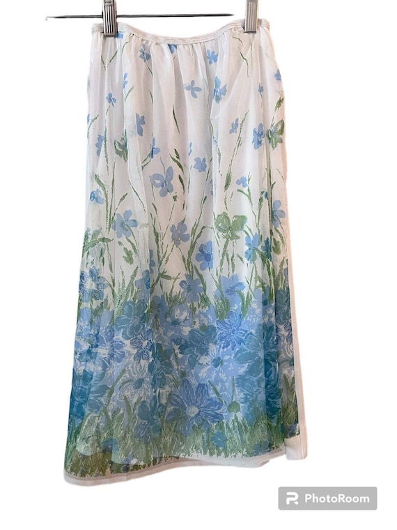 Vintage half slip 1970s nylon blue floral sheer ov