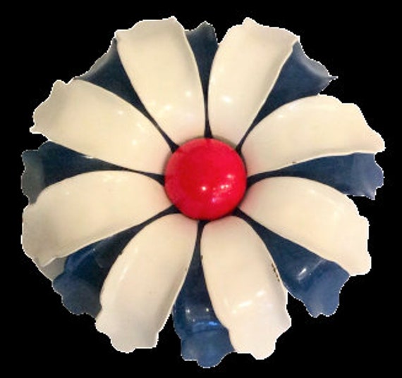 Vintage enamel brooch large flower red white and … - image 1