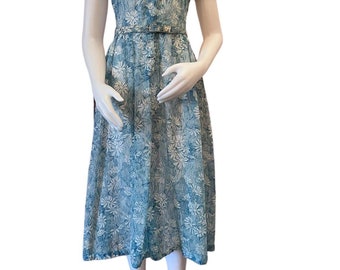 Vintage semi sheer dress Hope Reed Classic turquoise and white floral print short sleeve button front belt  full skirt 1960s summer dress