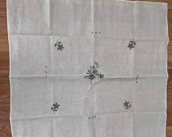 Vintage linen tablecloth gray embroidery floral hand stitching small square table cover luncheon bridge beige