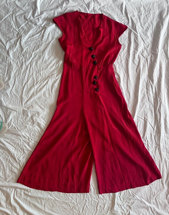 Vintage 1930s beach pajamas jumpsuit red silk - image 5