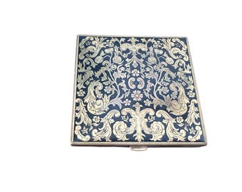 Vintage 1950s Rex compact for face powder black enamel and gold powder and puff inside vintage purse accessory collectible compact