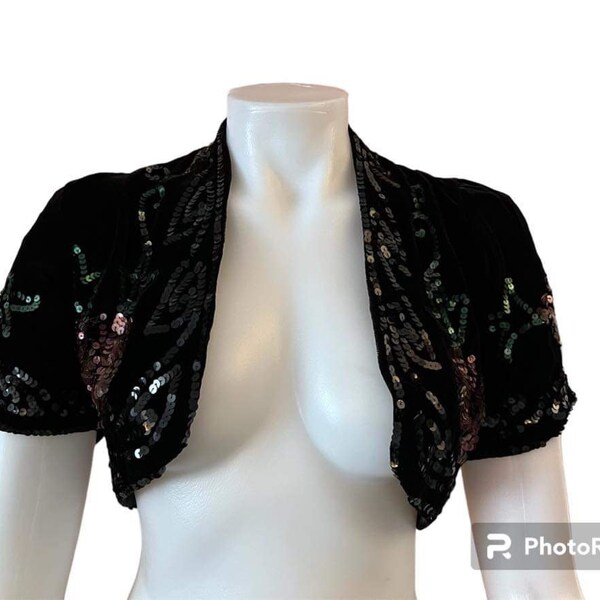 Vintage bolero jacket black silk velvet with sequins in a floral design 1930s fashion 1940s fashion sparkly evening jacket