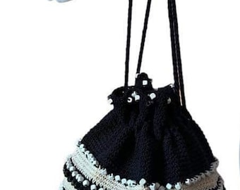 Vintage drawstring purse crocheted with wood beads blue and white beaded