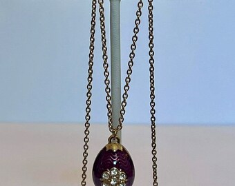 Faberge inspired pendant and pierced earrings set purple enamel egg with rhinestone medallion and matching rhinestone pierced earrings