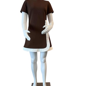 Vintage 1960s mini dress by Plu mod mini dress brown and white short sleeve 1960s fall fashion size medium 1960s mod fashion