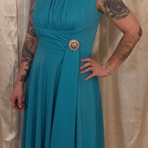 Vintage maxi dress gown 1960s 1970s turquoise sleeveless drape with large aurora borealis embellishment wedding prom mod gown