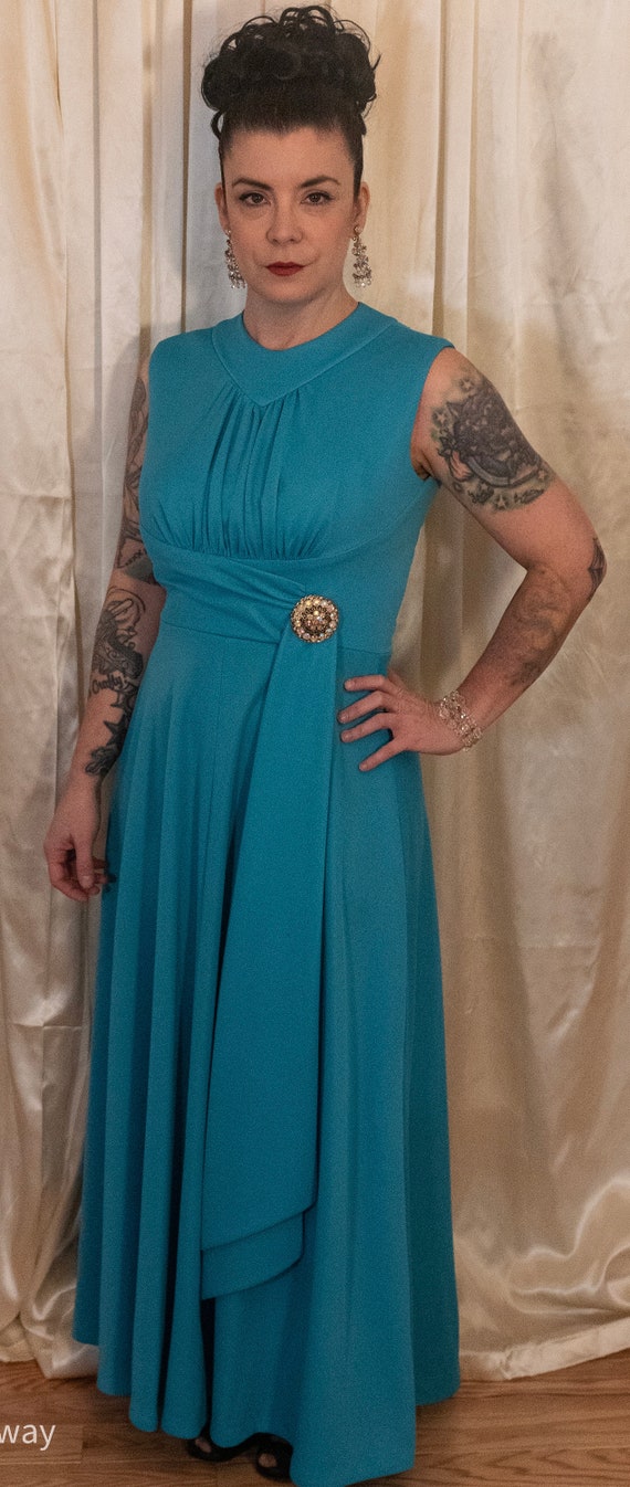 Vintage maxi dress gown 1960s 1970s turquoise slee
