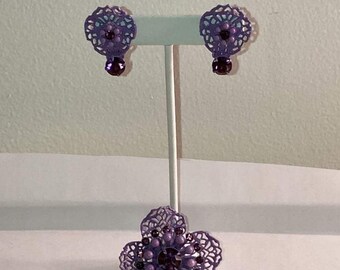 Vintage enamel and rhinestone brooch and earrings set purple floral unique 1950s 1960s purple jewelry