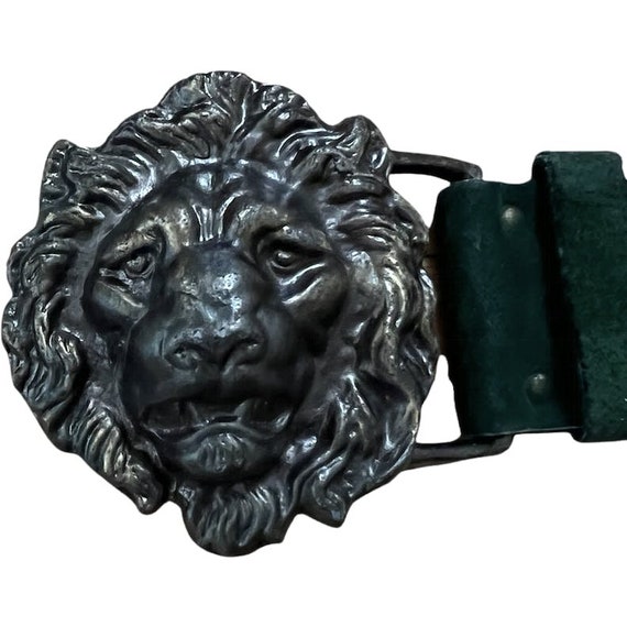 Vintage belt green suede large lions head buckle n