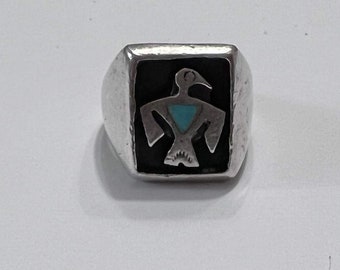 Vintage Native American ring silver turquoise thunderbird unisex ring pinkie ring size 7