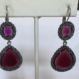 Vintage pierced earrings large dangle drop faux amethyst faux sapphire tear drop statement earrings stamped NR