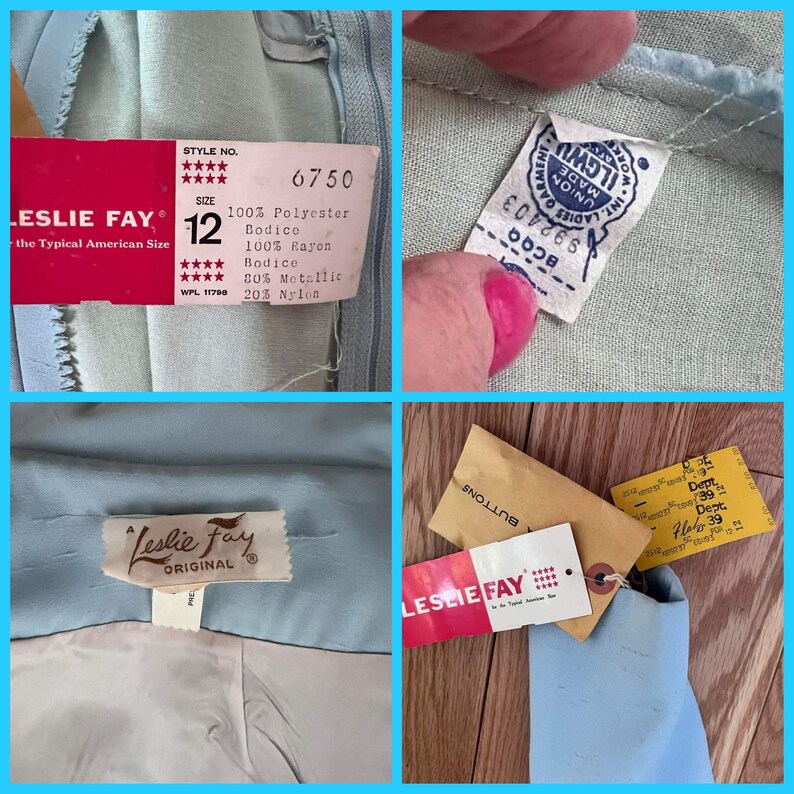 May include: A light blue dress with a Leslie Fay label. The label includes the style number 6750, size 12, and fabric content: 100% polyester bodice, 100% rayon bodice, 80% metallic, and 20% nylon.
