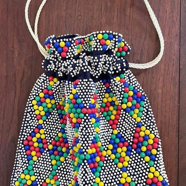 Vintage candy dot drawstring purse blue white green yellow red 1960s 1970s hippie purse multicolor drawstring purse