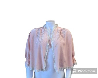 Vintage bed jacket pink peach rayon silk lace trim bow decorative details tie front 1950s bed jacket lingerie