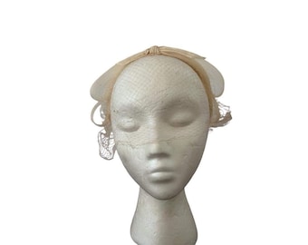Vintage headpiece 1950s SkolNips off white velvet and mesh bow on headband with attached rhinestone studded mesh veil vintage bride headband
