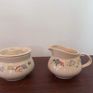 Franciscan Wood Lore pattern mushrooms covered sugar bowl and creamer set 1950s Franciscan ware