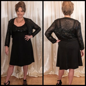 Vintage disco dress 1970s black spaghetti strap sequin bolero jacket party dress 1970s fashion New Years Eve dress
