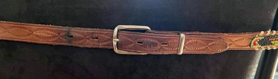 Native American beaded tooled leather belt skinny… - image 3