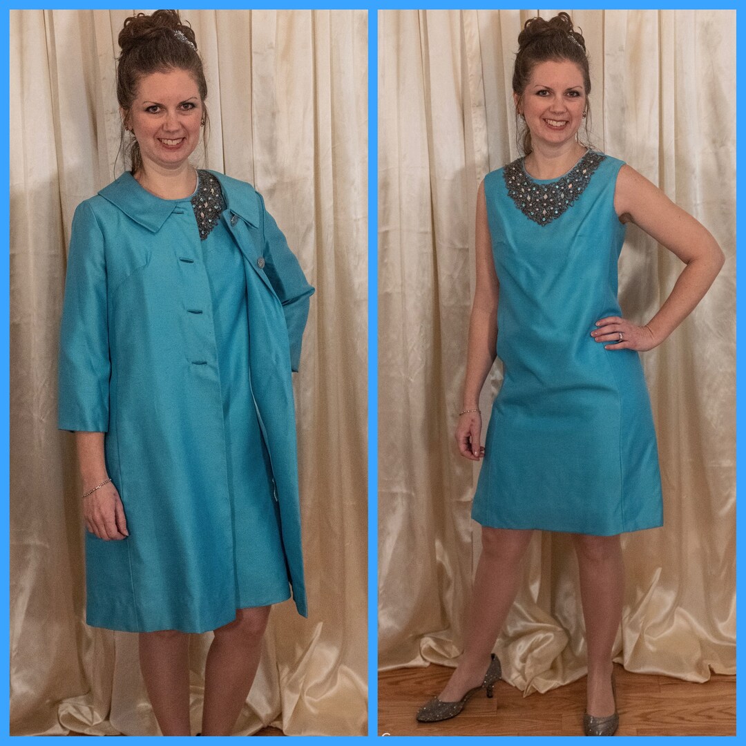 Vintage Coat and Dress Set 1960s Silk Dupioni Turqoise Beaded