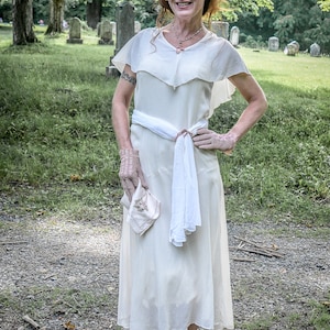 1930s tissue silk dress sheer off white sleeveless attached capelet flippy skirt belted 1930s womenswear 1930s dress summer garden party
