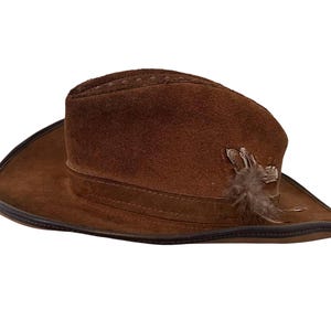 Vintage cowboy hat with feather Browda Leathers San Francisco size medium brown suede handmade cowboy hat unisex