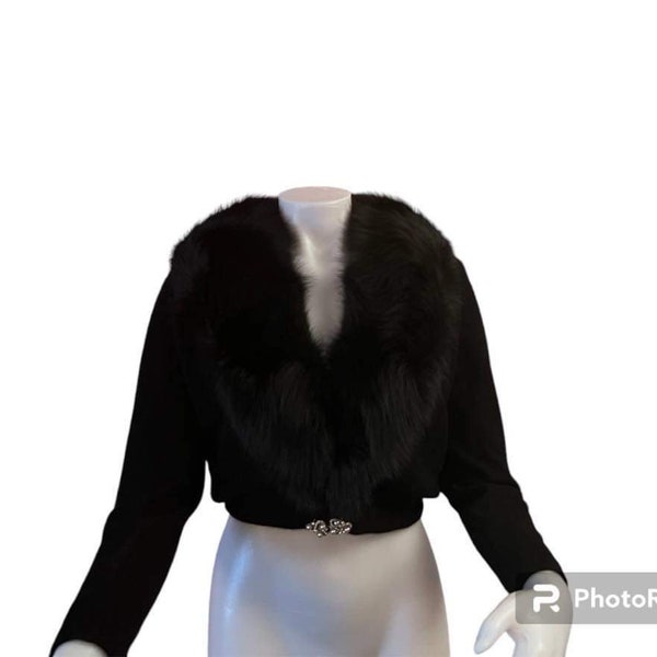 Vintage cashmere sweater with fox collar Bernard Altman black bolero style fancy sweater elegant rhinestones and pearls evening wear
