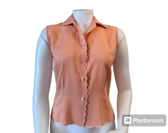Vintage sleeveless blouse 1950s cotton with embroidery peach salmon pink color button front with collar rockabilly pinup 1950s theater