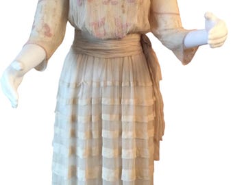 Antique 1910s Beaded Silk Dress, Tiered Skirt - Historical Fashion