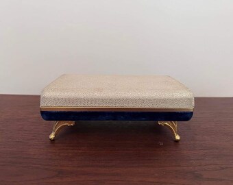 Vintage jewelry display box Princess Pride CREATIONS jewelry casket footed gold and blue velvet mid century jewelry box